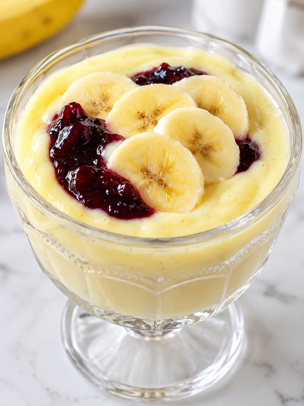 Pucharek budyniu waniliowego z bananem i dżemem porzeczkowym