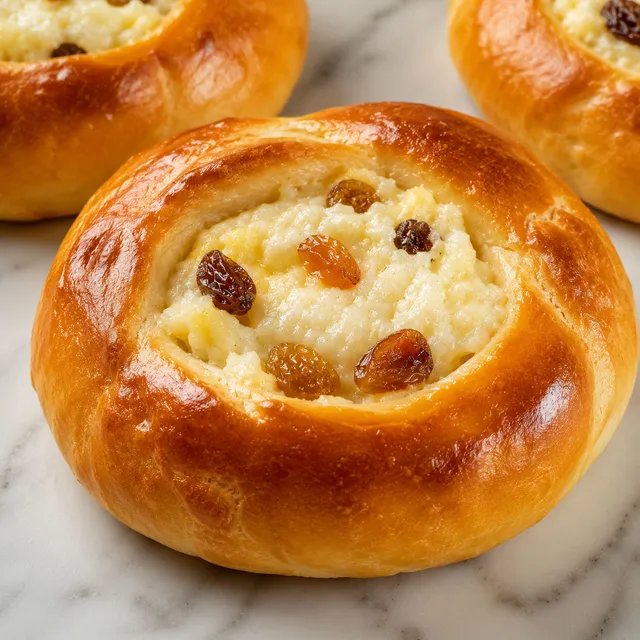 Golden Polish cheese roll with sweet farmer's cheese filling and raisins