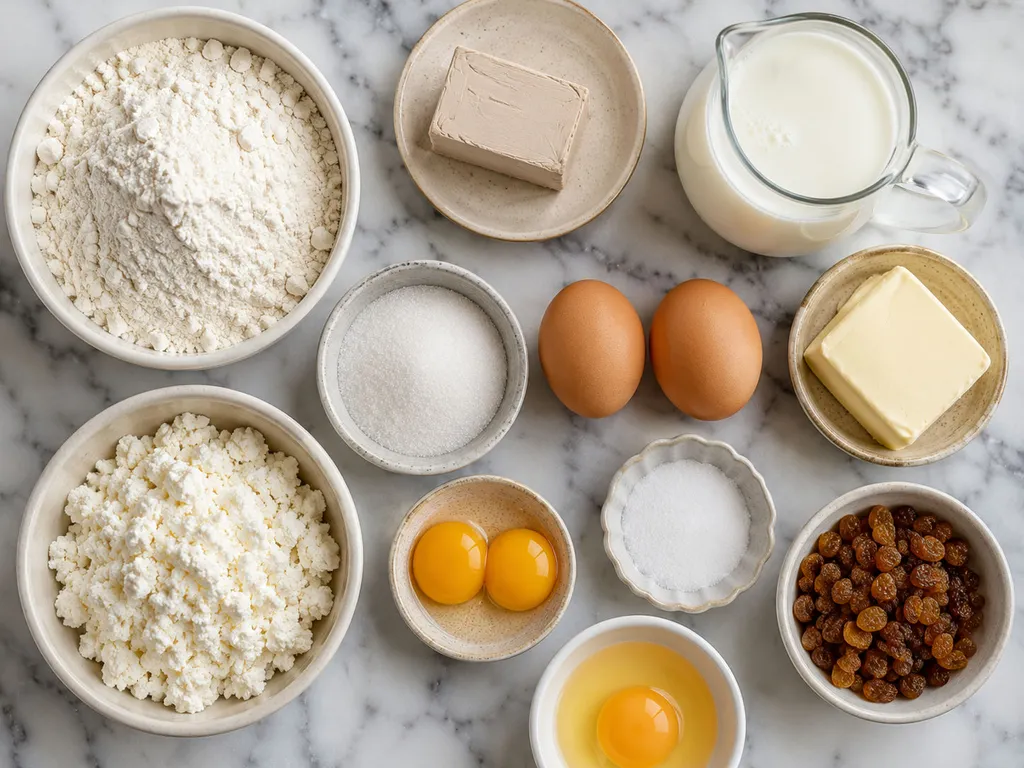 Raw ingredients for Polish cheese rolls including flour, yeast, twaróg and eggs