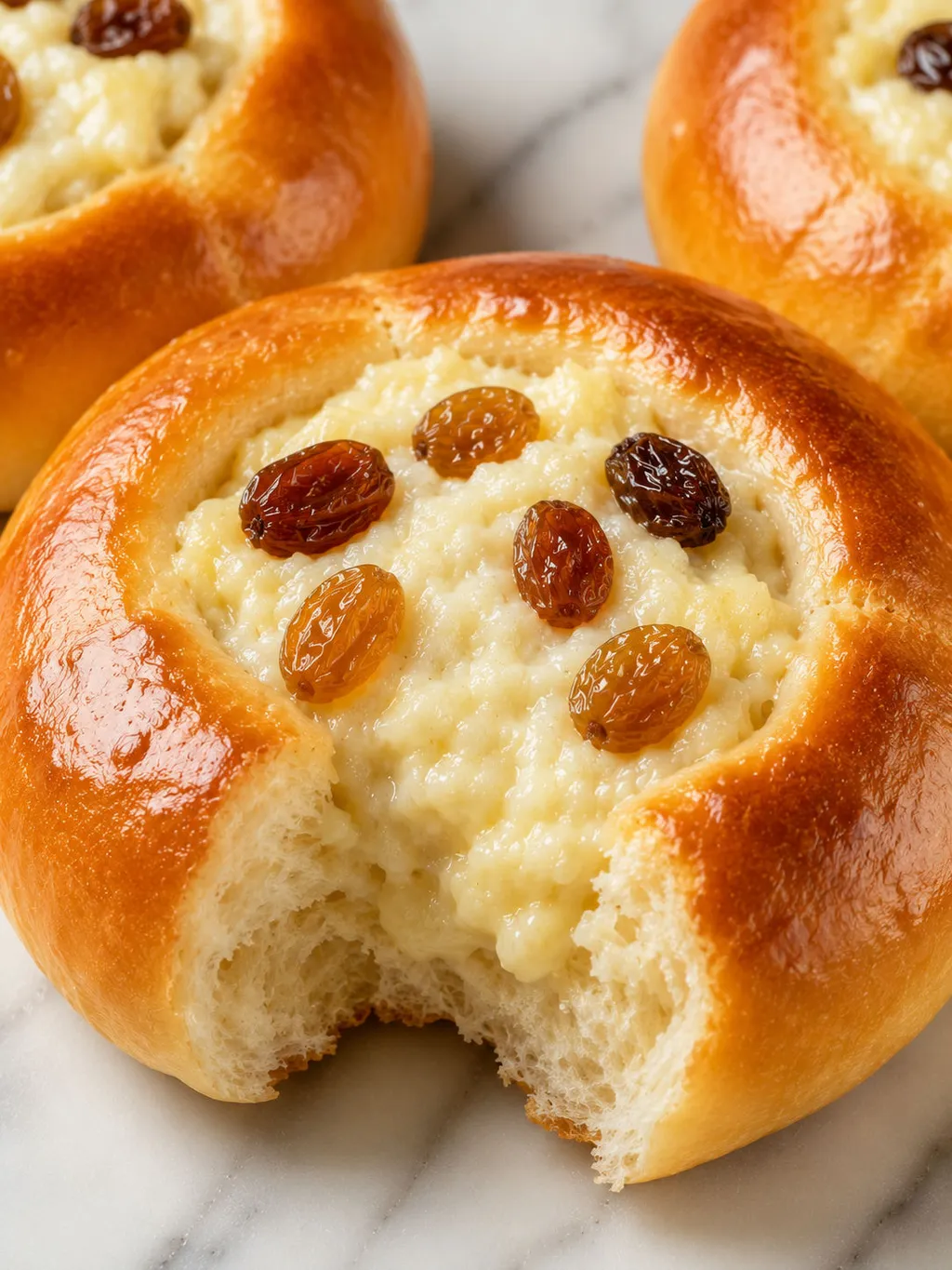 Close view of a Polish cheese roll with glossy crust and creamy farmer's cheese filling