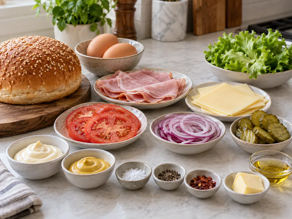 Składniki na burger z jajkiem z bułką, jajkami, szynką i warzywami