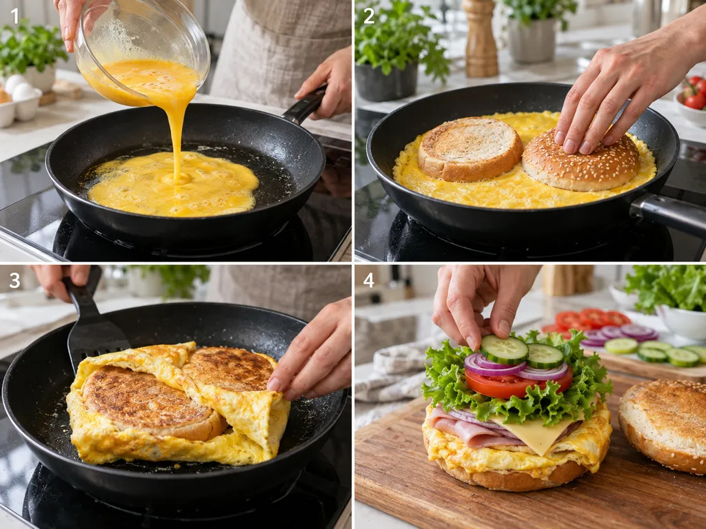 Cztery etapy przygotowania burgera z jajkiem na patelni