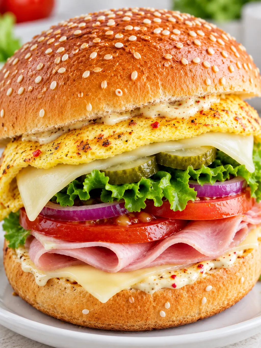 Burger z jajkiem w wysokiej bułce z serem, szynką i warzywami