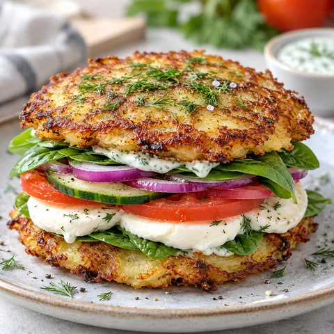 Burgery z placków ziemniaczanych z mozzarellą, pomidorem i ogórkiem