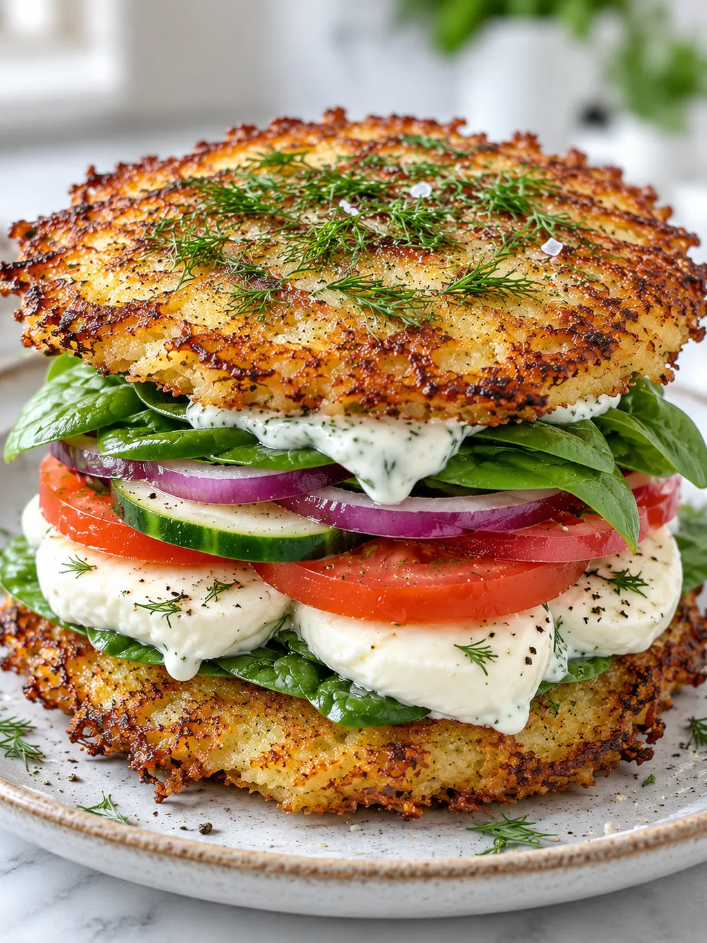 Warstwowy burger z placków ziemniaczanych z warzywami i mozzarellą