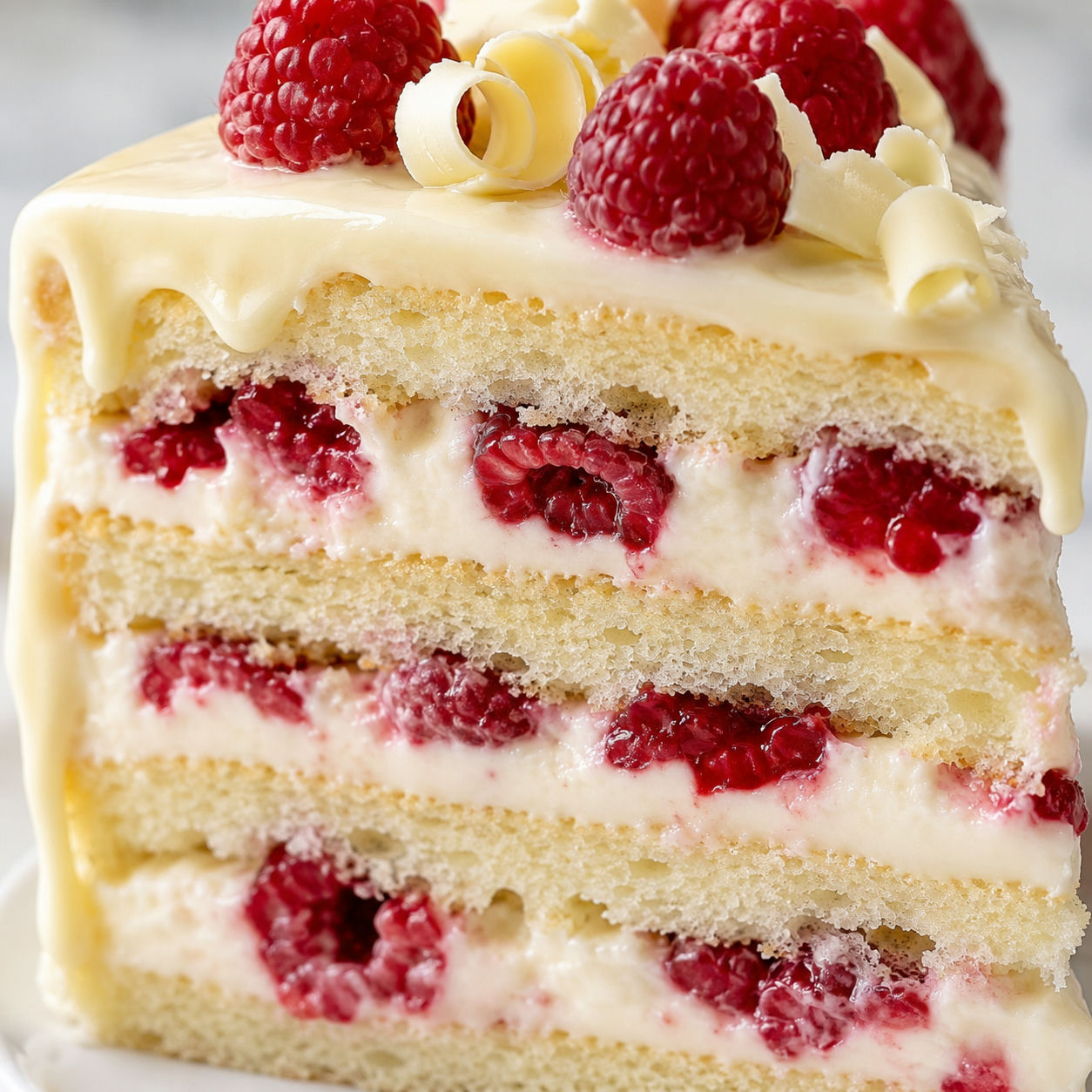 Slice of vanilla cream cake with raspberries and white chocolate drip layers