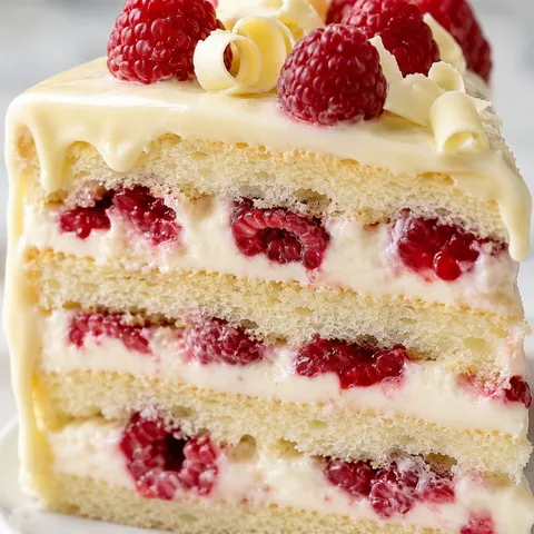 Slice of vanilla cream cake with raspberries and white chocolate drip layers