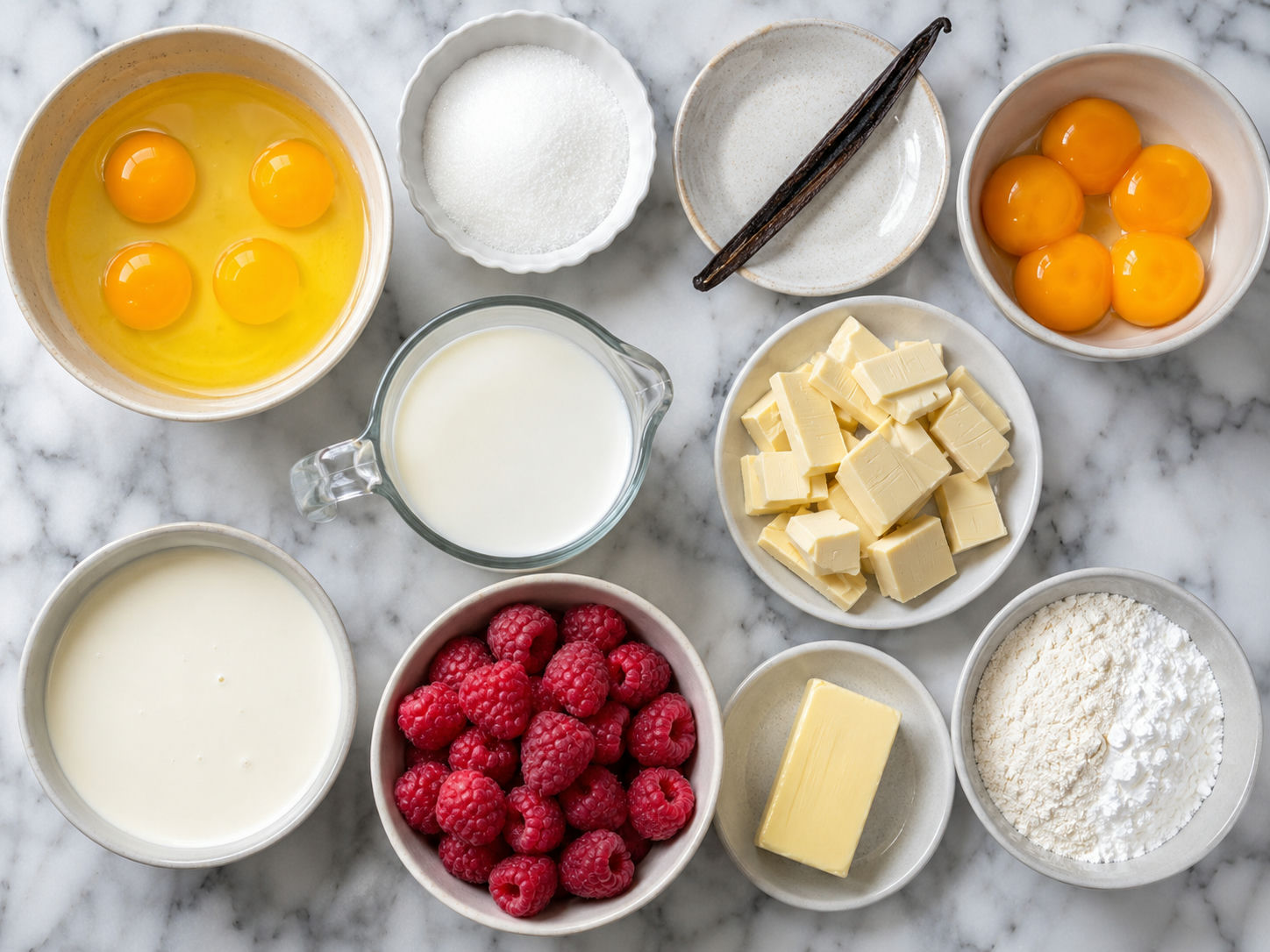 Raw ingredients for a vanilla cream raspberry white chocolate cake on a wooden surface