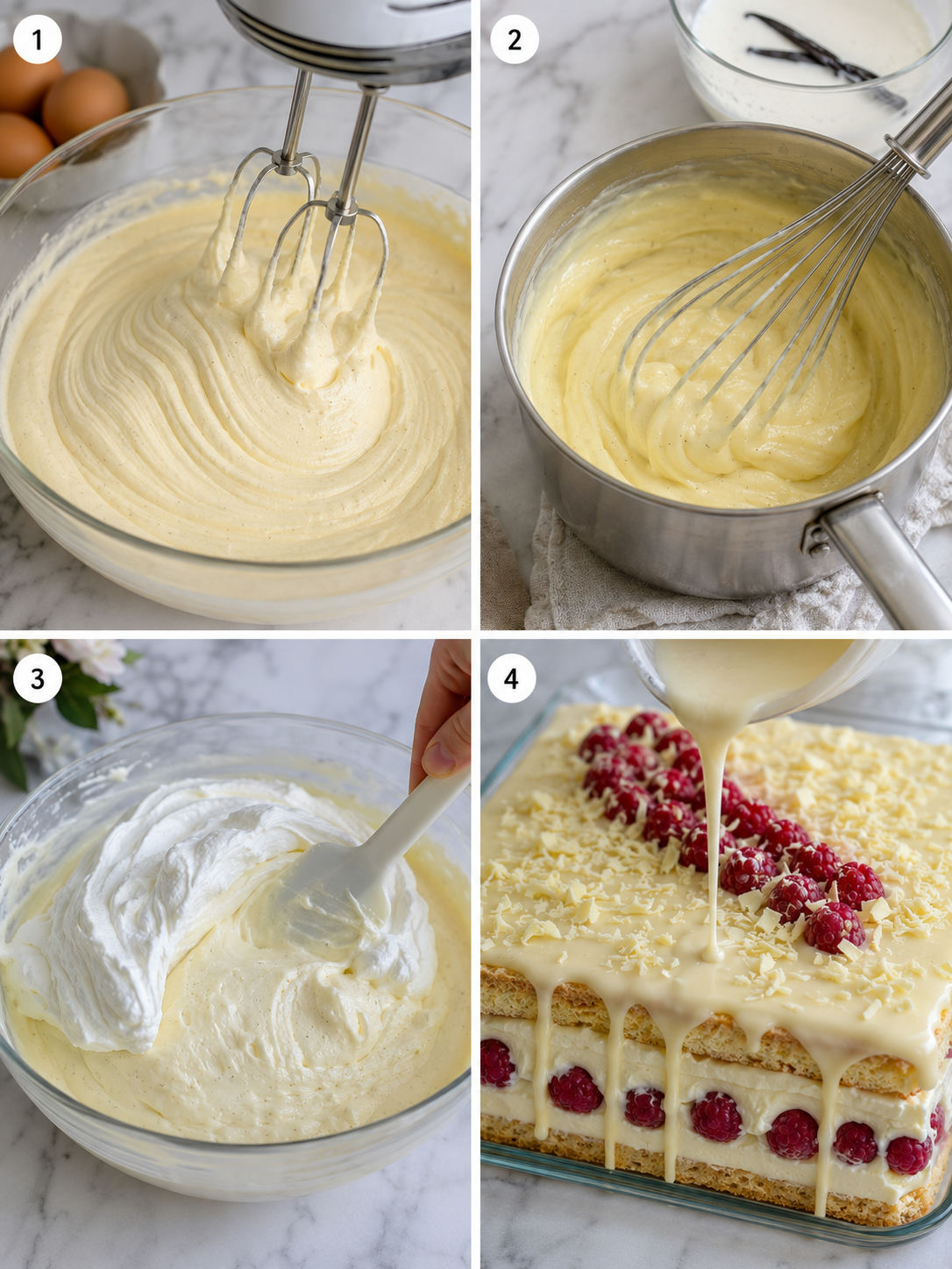 Four steps of building a vanilla cream raspberry cake from batter to filled layers