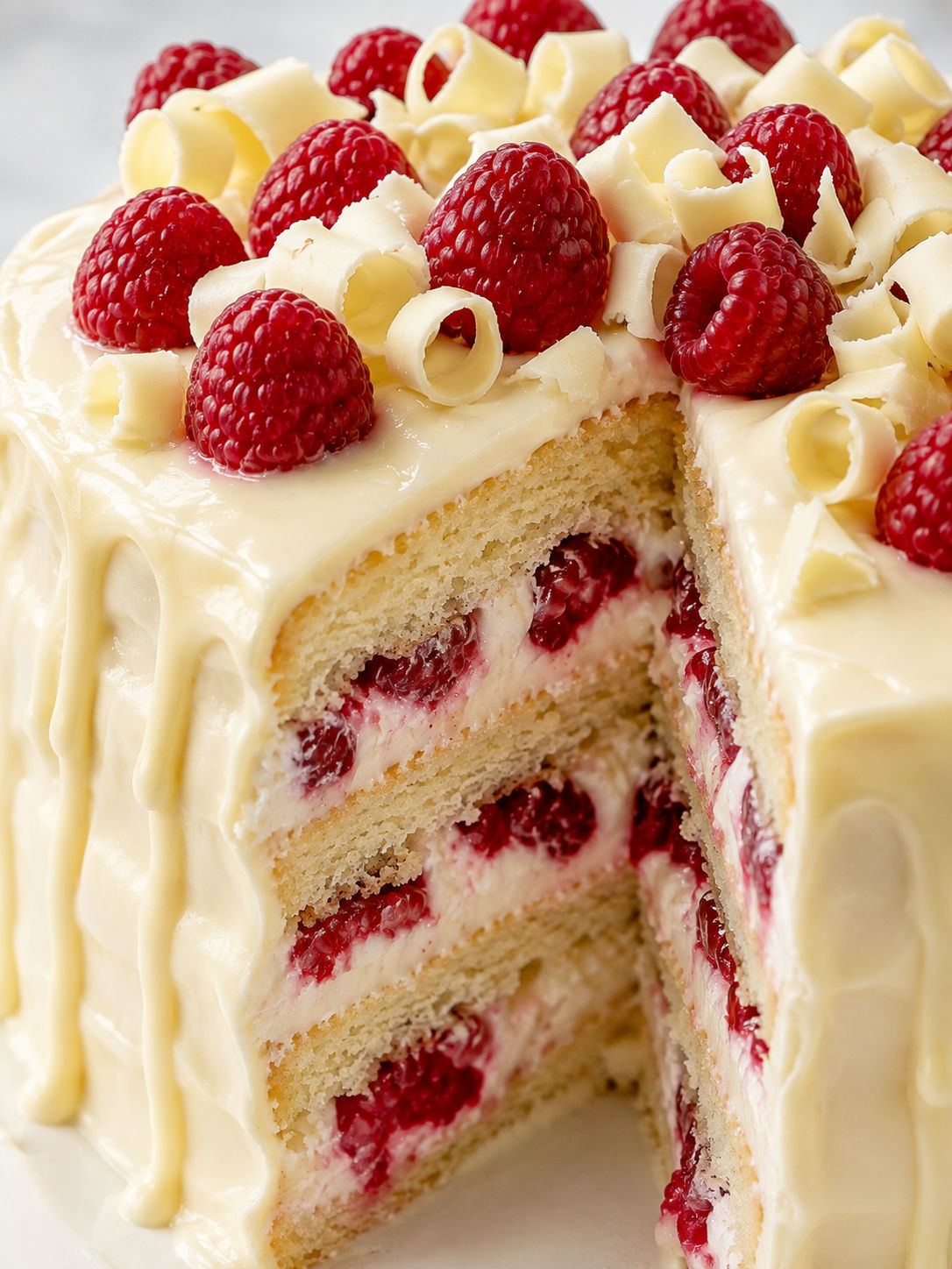 Layer cake with vanilla cream, raspberries, and dripping white chocolate ganache
