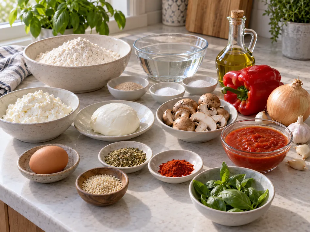 Składniki na calzone z ricottą, mozzarellą i warzywami na jasnym blacie