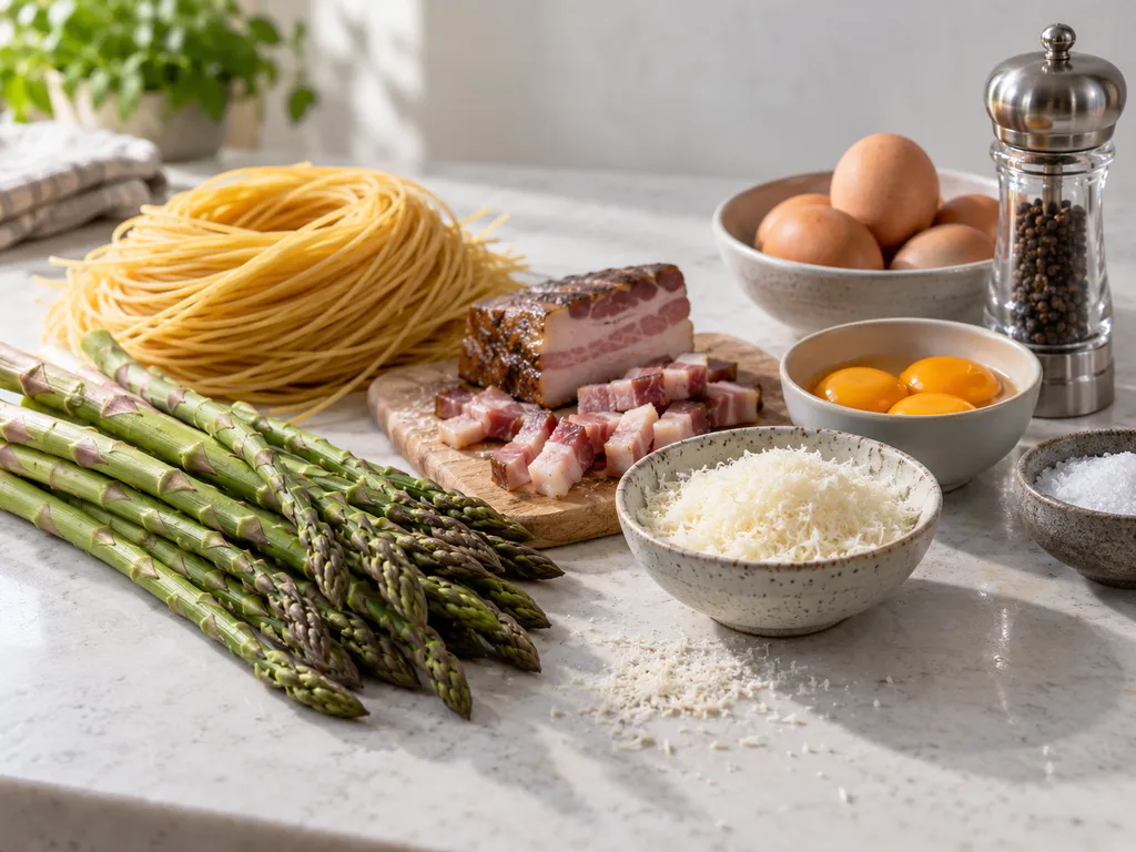 Składniki na carbonarę ze szparagami z makaronem, jajkami i boczkiem