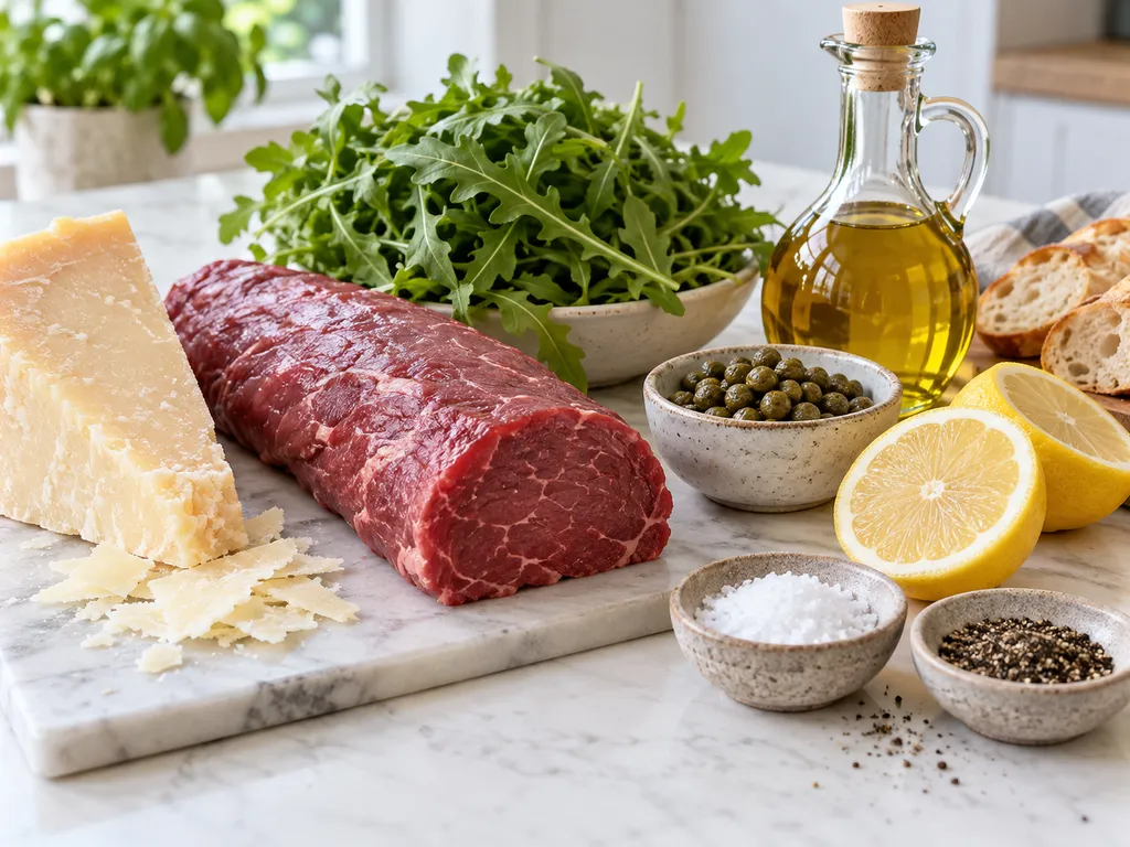 Składniki na carpaccio wołowe z polędwicą, rukolą i parmezanem