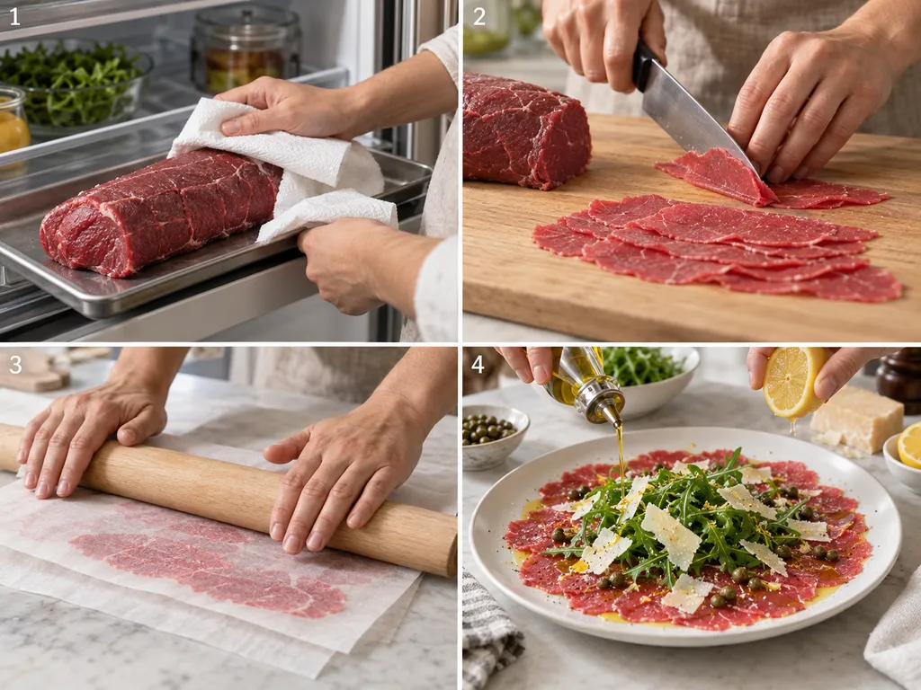 Etapy przygotowania carpaccio od krojenia wołowiny do podania
