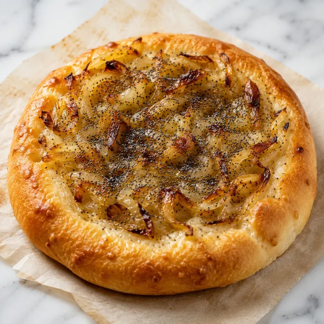 Cebularz lubelski flatbread topped with caramelized onion and poppy seeds
