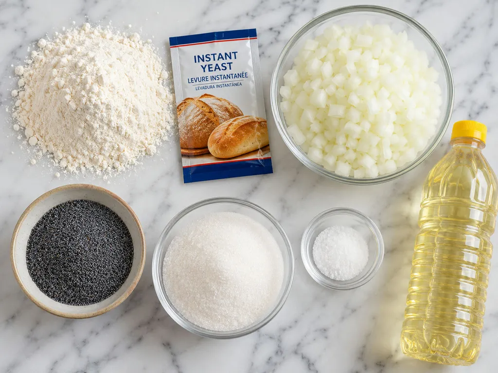 Raw ingredients for cebularz including flour, onion, poppy seeds and yeast