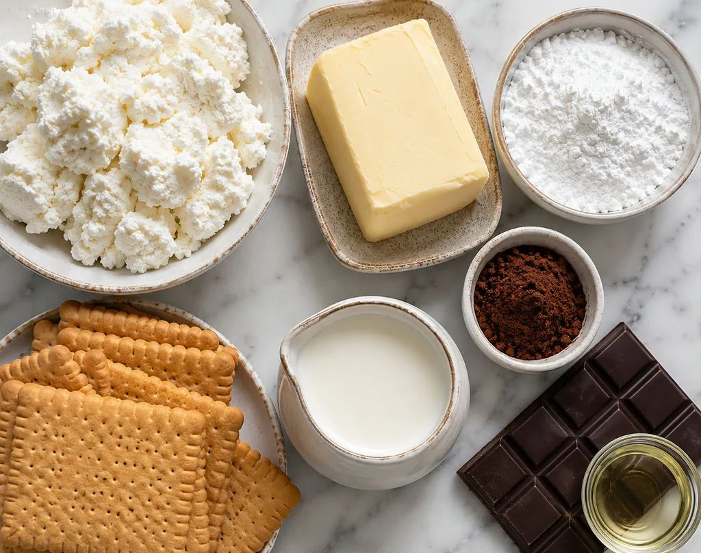 Farmer's cheese, butter, cocoa, flat biscuits and dark chocolate arranged for a no-bake layered cake
