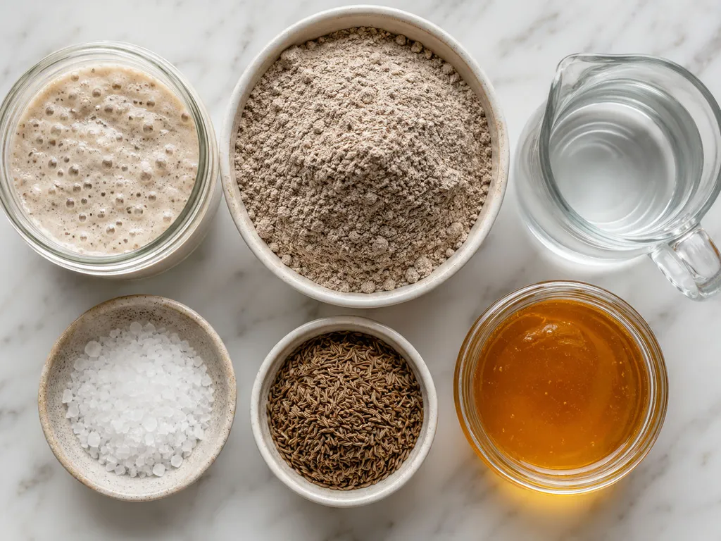 Rye flour, active sourdough starter, water, salt, caraway seeds and honey on a wooden counter