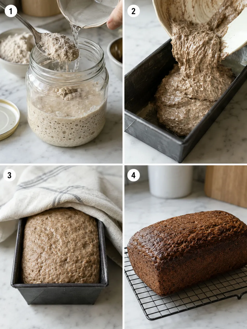 Four steps of making rye sourdough bread from mixing to cooling on a rack