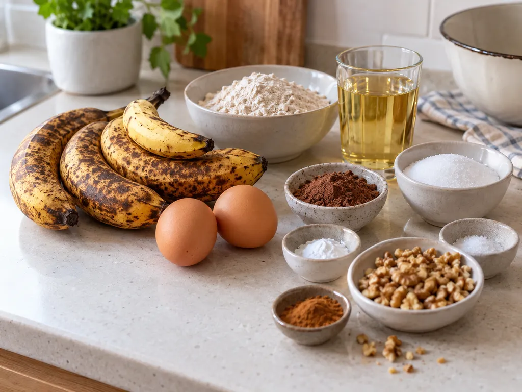 Składniki na chlebek bananowy fit z bananami, mąką i orzechami