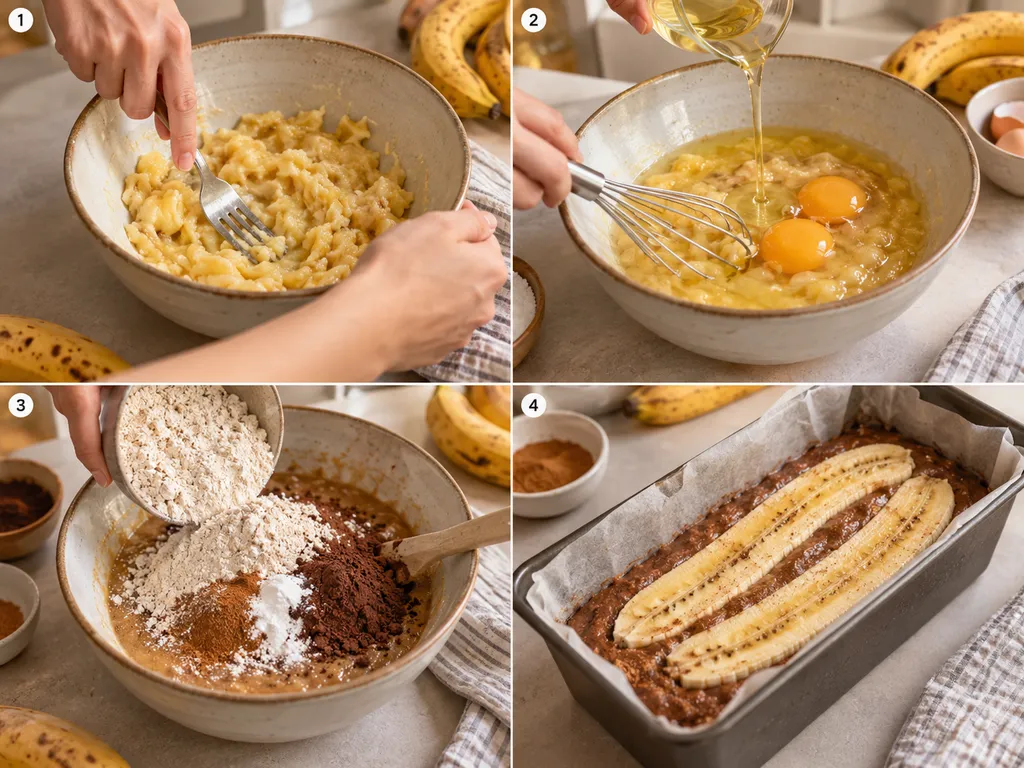 Cztery etapy przygotowania ciasta na chlebek bananowy fit