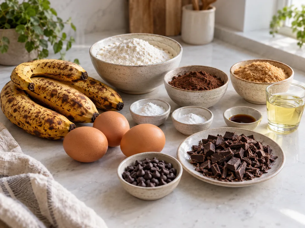 Składniki na chlebek bananowy z kakao, bananami i gorzką czekoladą