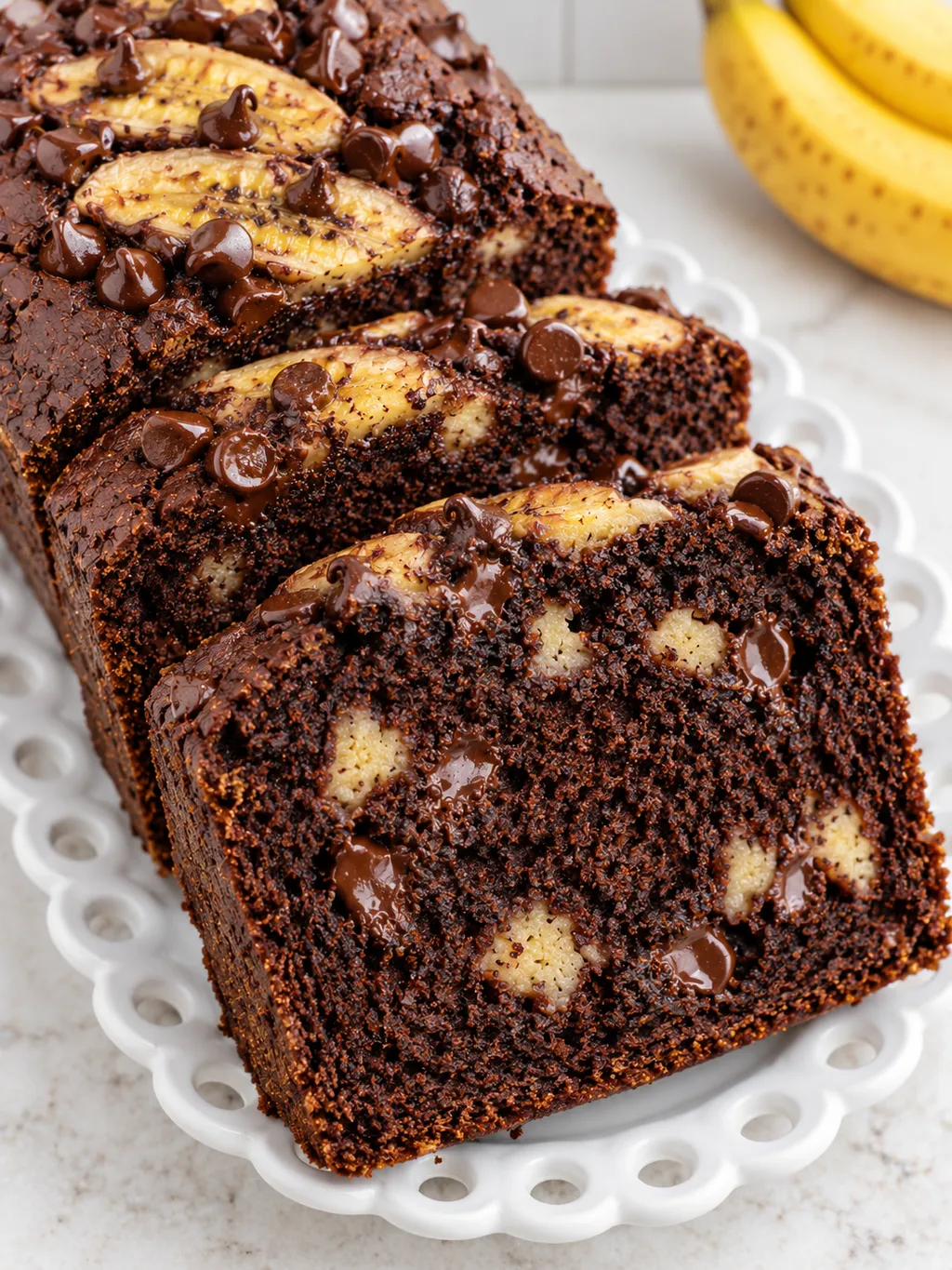 Wilgotne plastry chlebka bananowego z czekoladą i pieczonym bananem