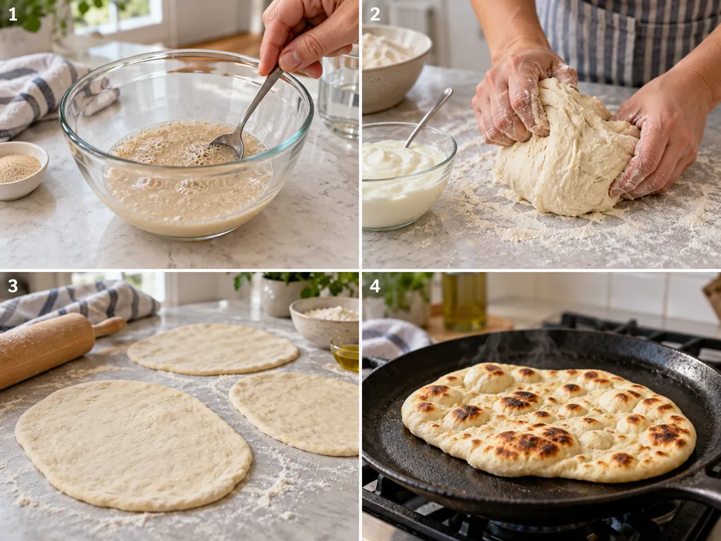 Cztery etapy przygotowania chlebków naan od ciasta do pieczenia na patelni