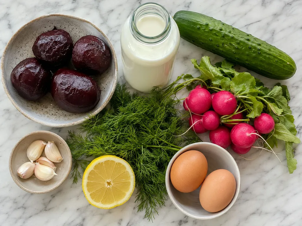 Surowe składniki na chłodnik: buraki, kefir, ogórek, rzodkiewki i koperek