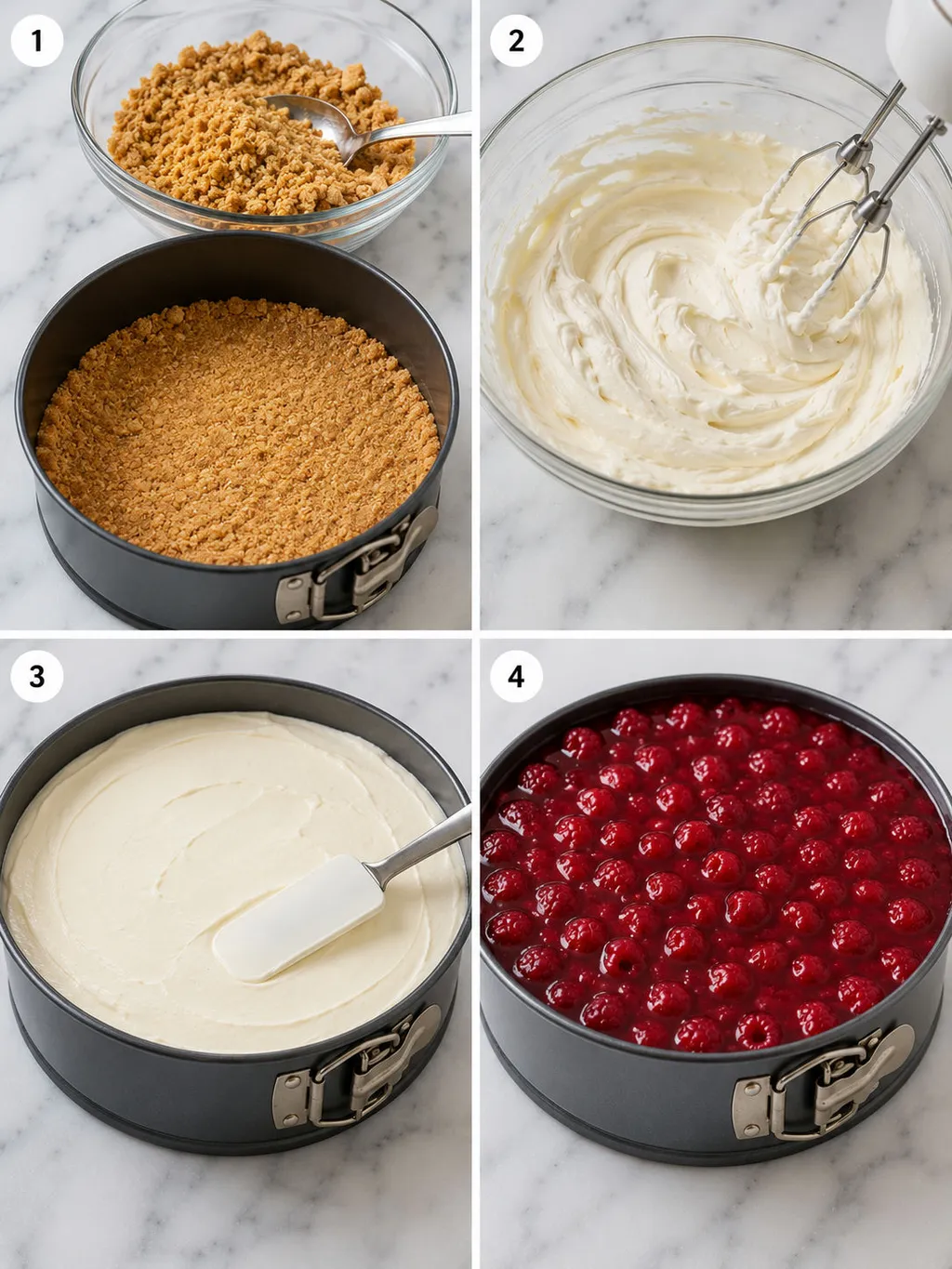 Four steps of making a no-bake raspberry cheesecake from crust to raspberry glaze