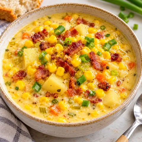 Chowder kukurydziany z boczkiem i szczypiorkiem w jasnej misce
