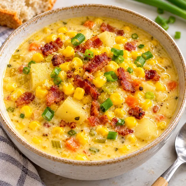 Chowder kukurydziany z boczkiem i szczypiorkiem w jasnej misce
