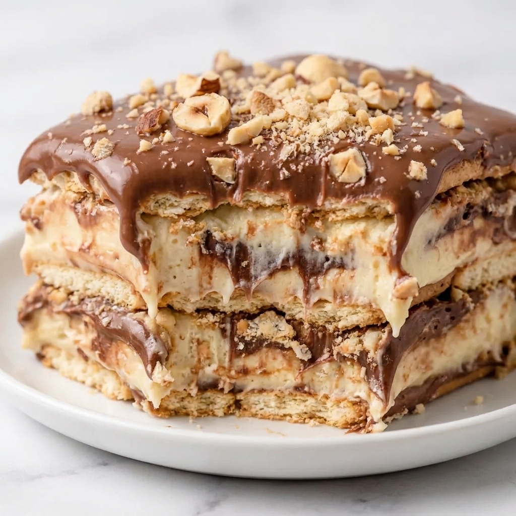 Layered no-bake biscuit cake slice with creamy filling and chocolate hazelnut topping