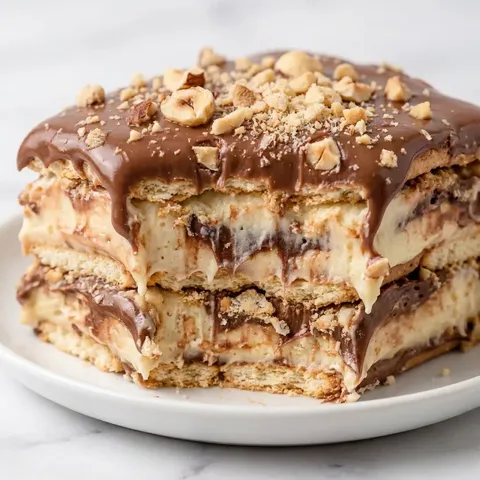 Layered no-bake biscuit cake slice with creamy filling and chocolate hazelnut topping