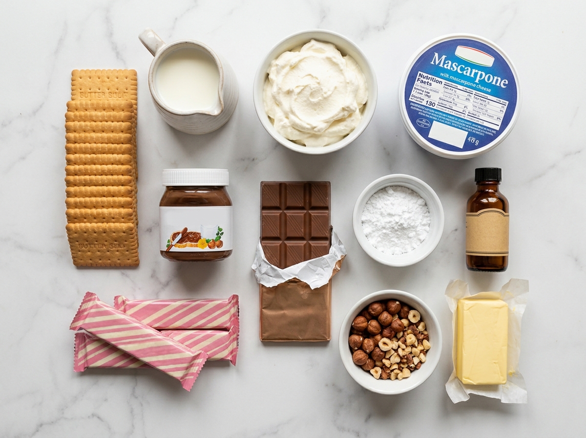 Ingredients for a no-bake cream cake including biscuits, mascarpone, chocolate and hazelnuts