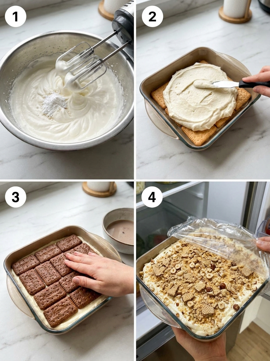 Four steps of making a no-bake layered biscuit cake from cream to chocolate topping