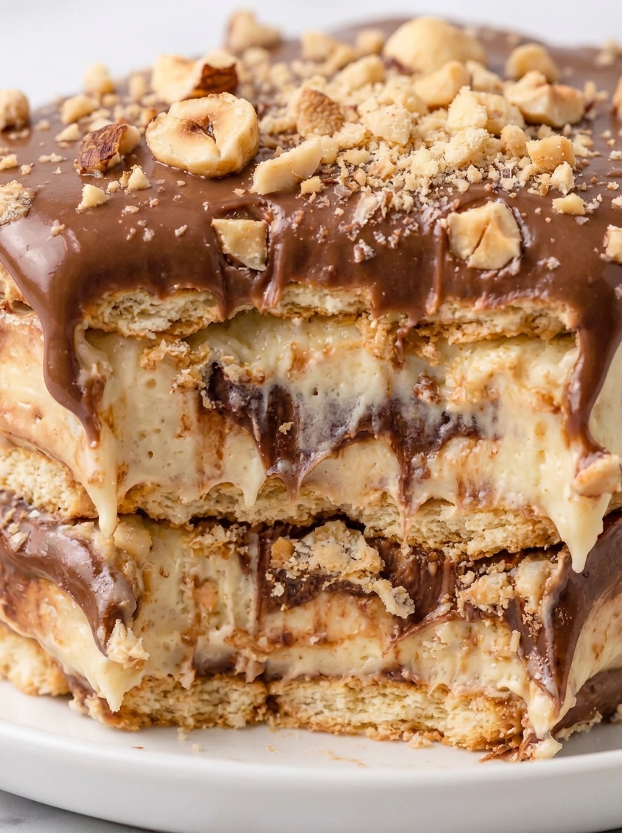 Slice of creamy no-bake biscuit cake with chocolate ganache and hazelnuts