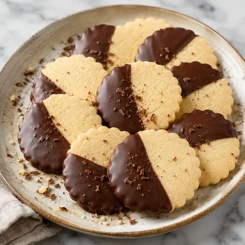 Round Polish butter cookies half-dipped in dark chocolate on a ceramic plate