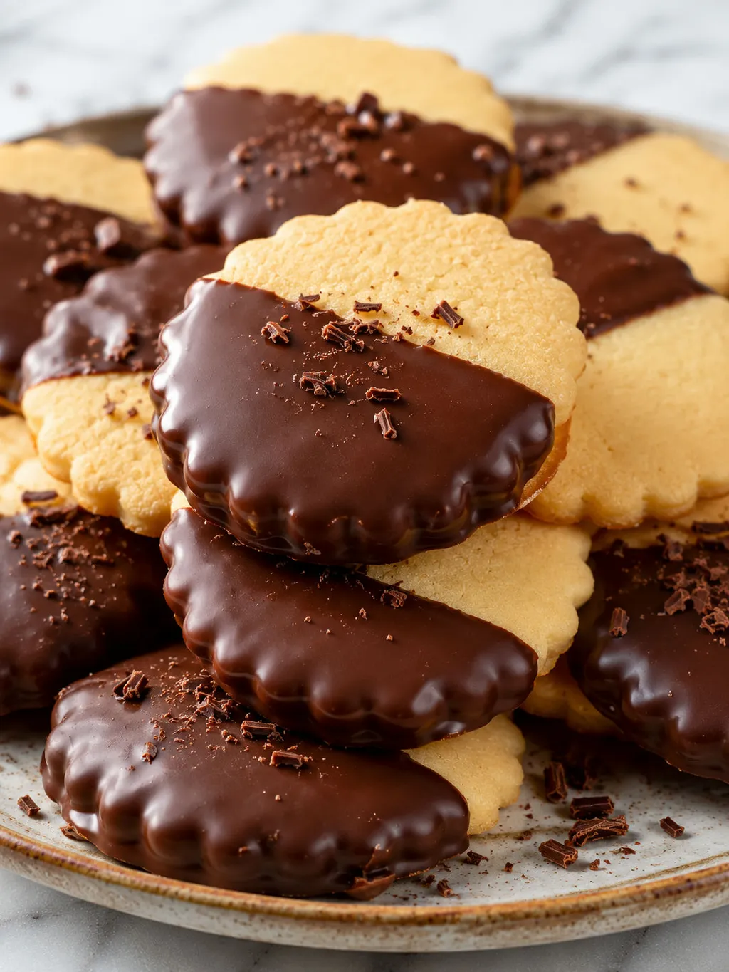 Stack of Polish butter cookies dipped halfway in dark chocolate