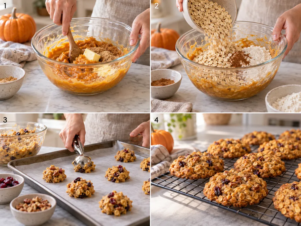 Cztery etapy przygotowania ciasteczek owsianych z dynią