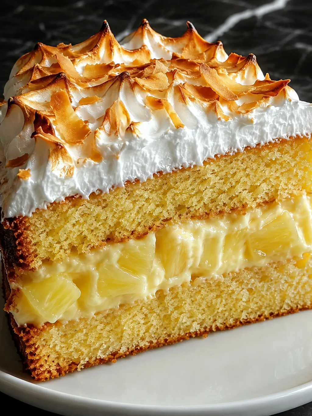 Close-up slice of pineapple coconut cake showing sponge, custard cream, and coconut meringue layers