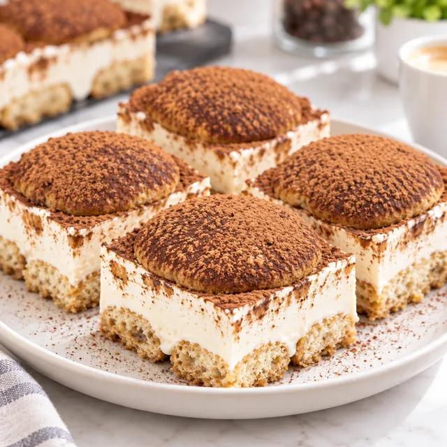 Kawałki ciasta cappuccino bez pieczenia z kakao i biszkoptami