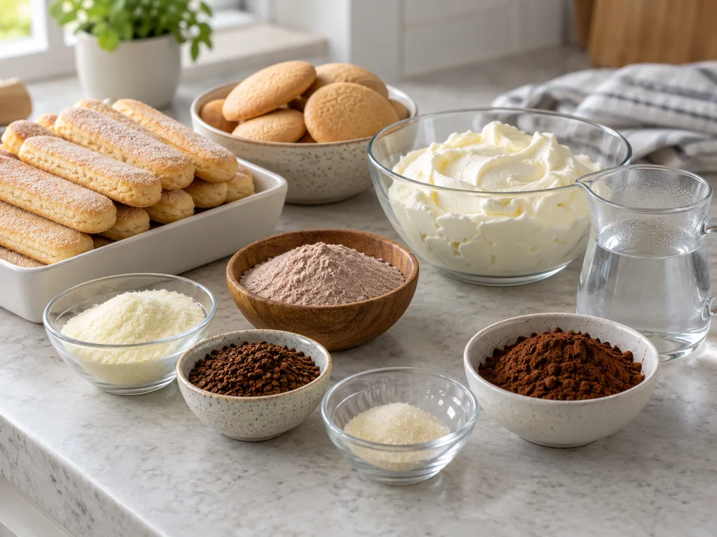 Składniki na ciasto cappuccino bez pieczenia z biszkoptami i kakao