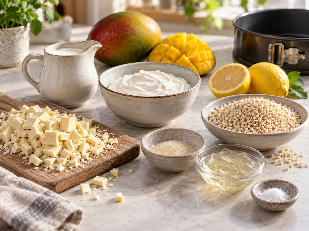 Składniki na ciasto z białą czekoladą, jogurtem i mango
