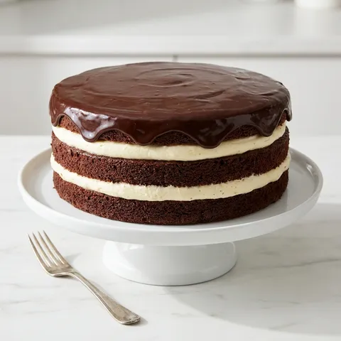 Slice of layered cocoa cake with cream and raspberry mousse topped with fresh raspberries