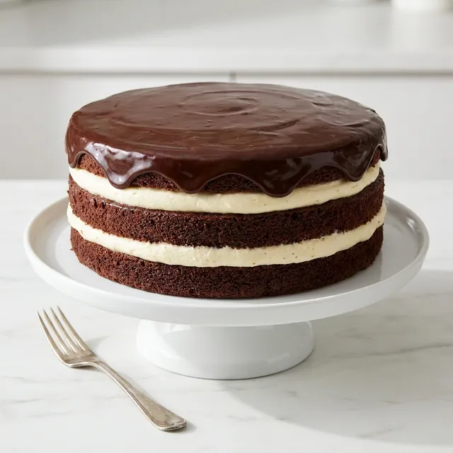 Slice of layered cocoa cake with cream and raspberry mousse topped with fresh raspberries