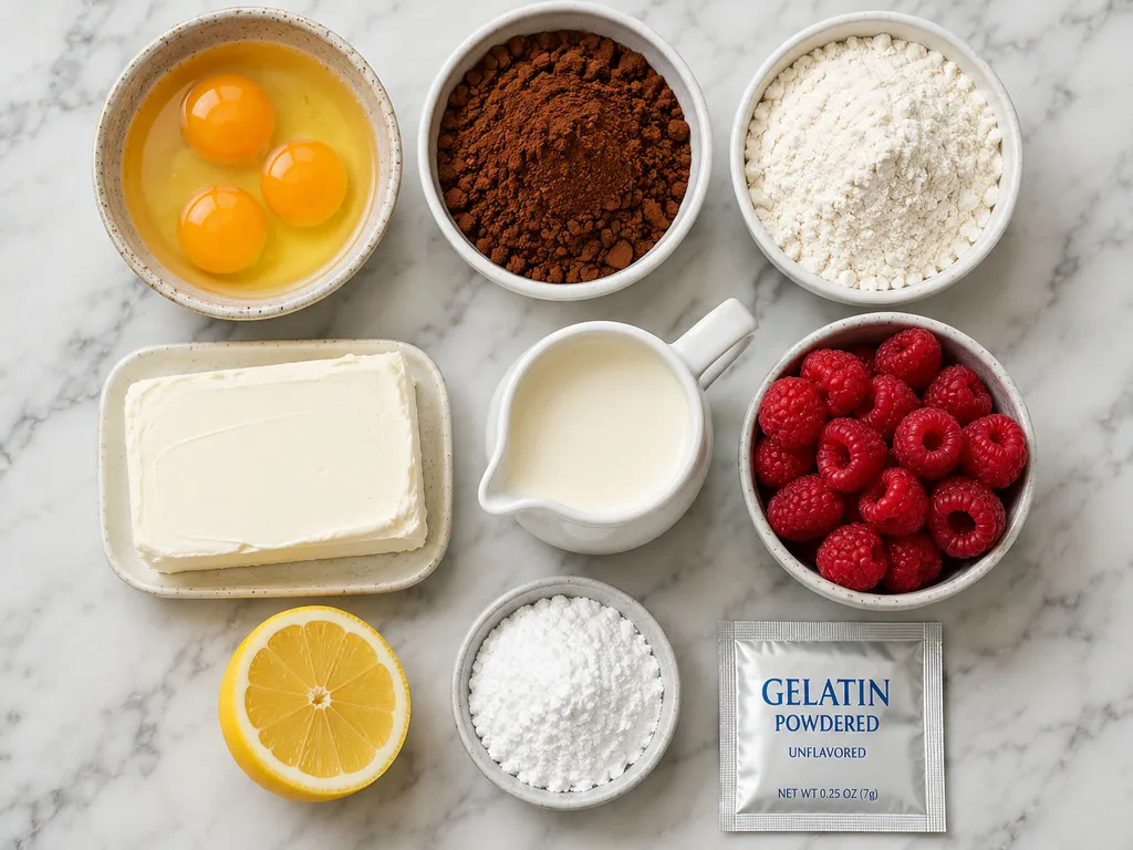 Raw ingredients for cocoa cake with mascarpone cream and raspberries on a wooden table