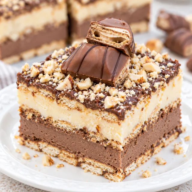 Kawałek ciasta Kinder Bueno z kremem czekoladowym i orzechami