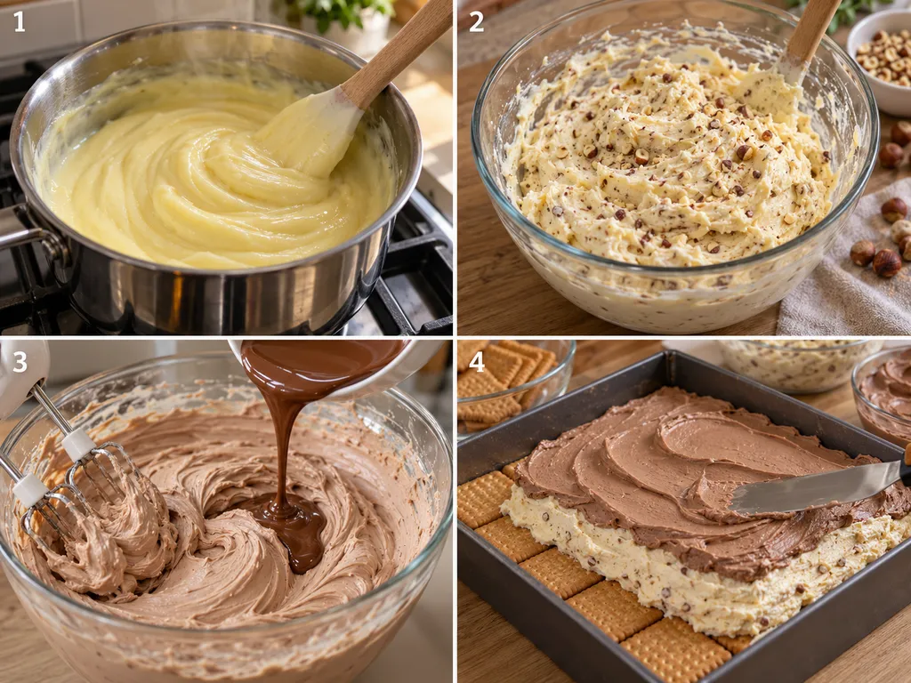 Cztery etapy przygotowania ciasta Kinder Bueno bez pieczenia