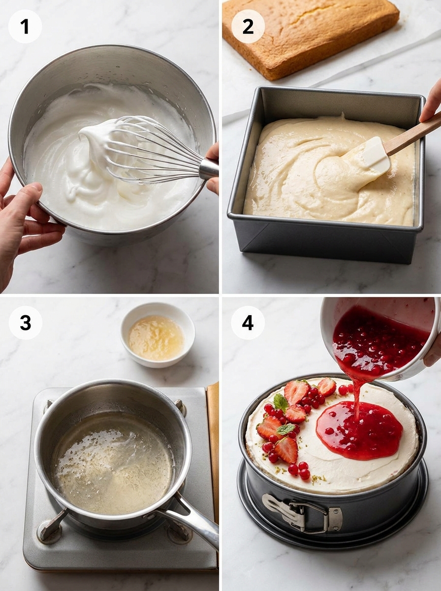 Four steps of making poppy seed sponge cake with cream and fresh currants